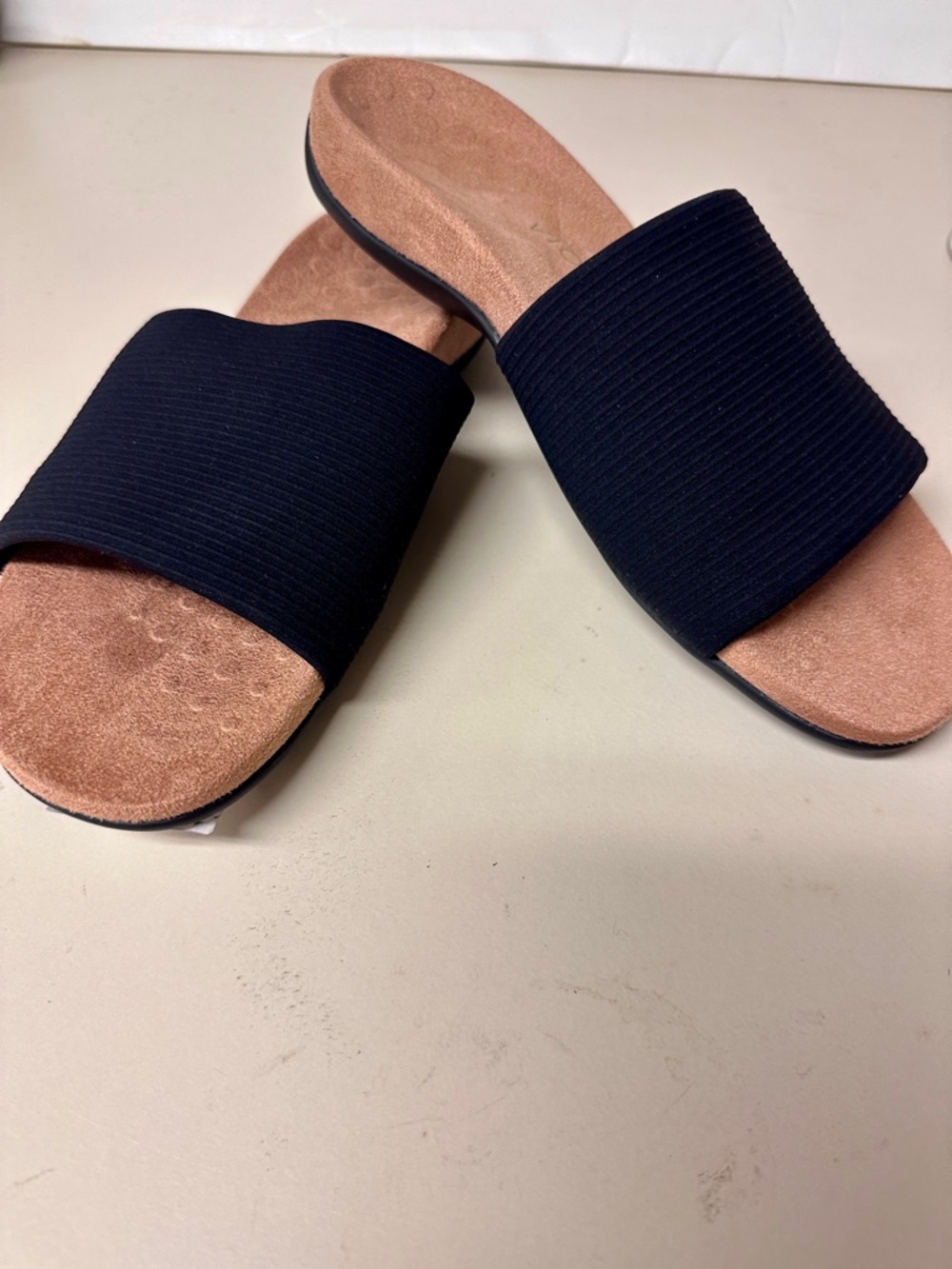 Vionic Black Slide Sandals with Brown Footbed